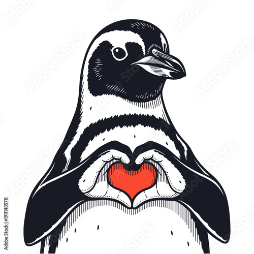 cute penguin making a heart shape gesture, love animal illustration