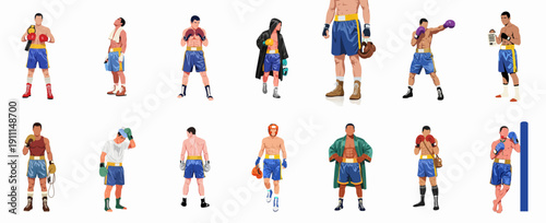 Diverse set of flat vector illustrations featuring professional male boxers in champion, training, fighting, and resting poses, isolated on white.