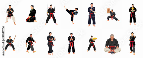 Diverse Martial Arts Practitioners Vector Illustration Set Showing Fighters in Action Poses, Training, and Demonstrating Skills with Traditional Weapons.