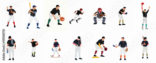 Baseball players vector collection featuring various dynamic actions and poses: batting, pitching, catching, running, and celebrating, isolated on white.