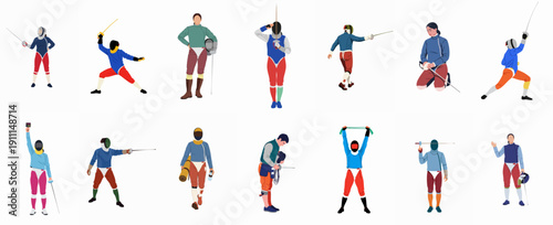 Set of Fencing Athletes Vector Illustrations. Collection of Fencers in Action Poses, Training, and Holding Equipment on a White Background.