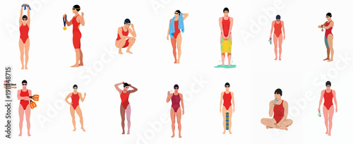 Female Swimmer Vector Set: Poses and Activities with Swim Gear, Including Victory, Training, Hydration, and Sun Protection.