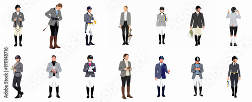 Vector set of diverse male and female equestrian riders and officials in competition attire, displaying equipment, trophies, and planning activities.