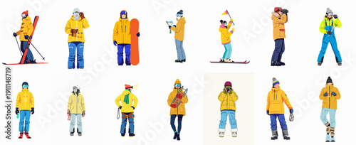 Diverse Winter Sports and Adventure People Vector Set, featuring skiers, snowboarders, and mountaineers in yellow jackets, isolated on white.