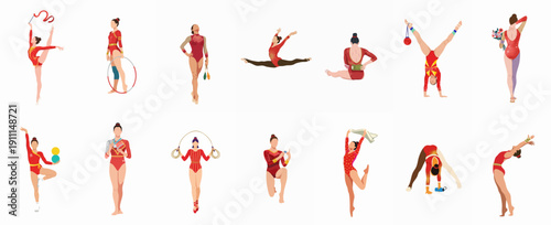 Aesthetic and expressive movements of female rhythmic gymnasts performing with ribbon, hoop, balls, and clubs in a set of isolated vector illustrations.