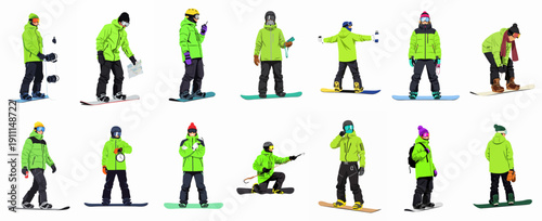 Collection of snowboarders illustrations showing diverse winter sports actions, poses, and gear usage, including mapping, communication, and preparation.