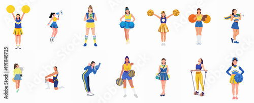 Flat vector illustration set of female cheerleaders, sports supporters, and athletes engaged in various activities, cheering, performing, and exercising.