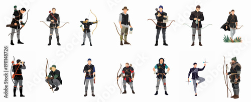 Flat vector set of medieval archers, fantasy heroes, and forest rogues in diverse costumes and poses, isolated on white background.