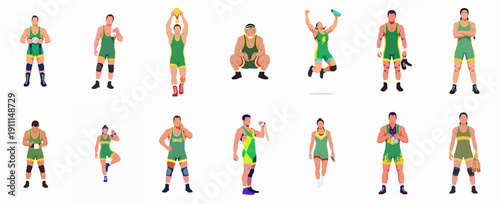 Diverse vector set of wrestlers and combat sports athletes celebrating victory, training, and holding championship belts and medals.