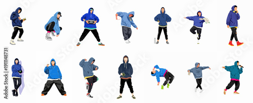 Set of diverse young people in blue and dark hoodies showcasing street style, urban culture, dance, and music poses.