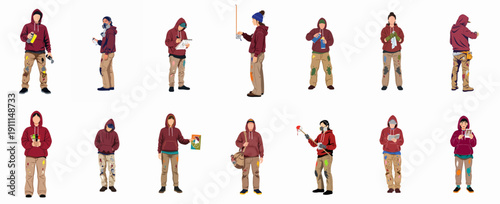 Diverse Urban Graffiti Artists and Mural Painters Vector Set. Street art illustration featuring characters holding spray cans, tools, and notebooks, wearing paint-splattered clothing.