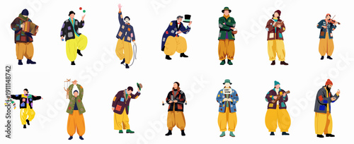 Colorful ensemble of buskers and street performers illustrating music, magic, and theatrical arts in patched, eclectic outfits on a white background.