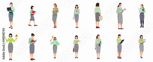 Vector illustrations set of diverse businesswomen performing daily office tasks, including computing, communication, planning, and idea generation.