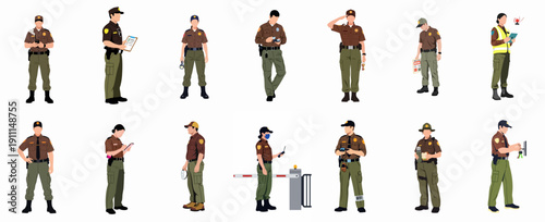 Diverse Security Personnel and Park Ranger Vector Set: Male and Female Guards in Various Poses Performing Safety, Patrol, and Surveillance Duties.