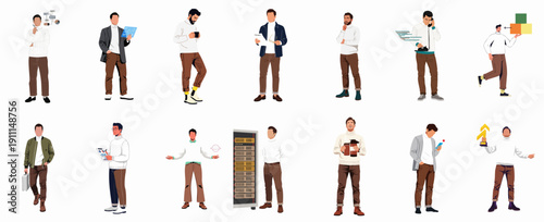 Set of Modern Businessmen Vector Illustrations Engaging in Various Professional Activities: Analysis, Strategy, Communication, Technology, and Success.
