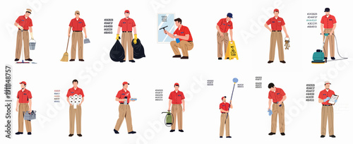 Professional Janitor and Facility Maintenance Worker Vector Set Performing Various Cleaning Tasks including Mopping, Sweeping, Window Washing, and Restocking.