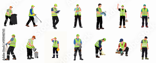 Sanitation Workers and Street Cleaners Vector Set: Garbage Collection, Recycling, and Municipal Labor Illustrations.
