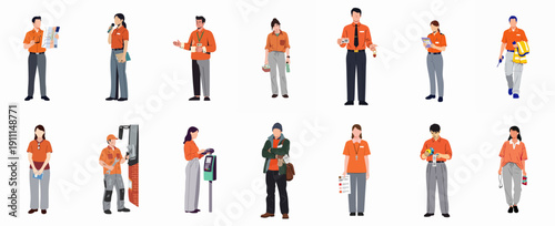 Diverse group of service and operational staff wearing orange uniforms, including logistics workers, technicians, managers, and customer service representatives.