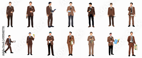 Collection of stylized illustrations showing men in brown suits performing various professional and service roles, isolated on white background.