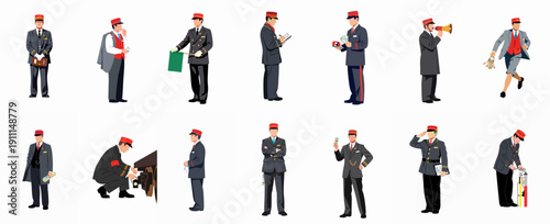 Set of vector illustrations depicting a male train conductor or railway station master performing essential duties like signaling, ticketing, and maintenance.