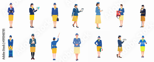 Set of flat vector illustrations depicting female flight attendants performing various professional duties, including safety demonstrations, passenger service, and briefings.