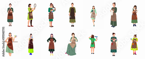 Diverse set of female professionals in aprons illustrating various service roles, including hairdressers, crafters, and retail workers, in a flat vector style.