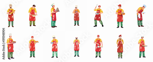 A Comprehensive Set of Flat Vector Illustrations Showing Male Bakers Working with Bread, Pastries, and Cakes.