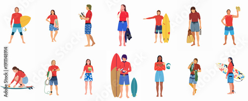 Flat vector illustration set of diverse male and female surfers preparing to hit the waves, carrying boards, rash guards, and beach gear.