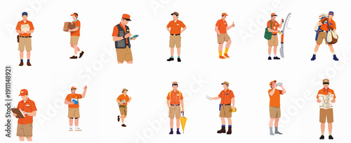 Collection of diverse poses and actions of a male mailman or delivery courier in a summer uniform, handling letters, packages, and logistics tasks.