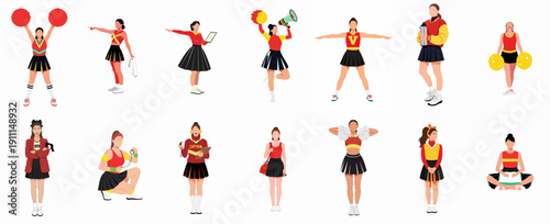 Diverse vector illustrations of female cheerleaders, captains, and coaches performing various poses, isolated for design projects.