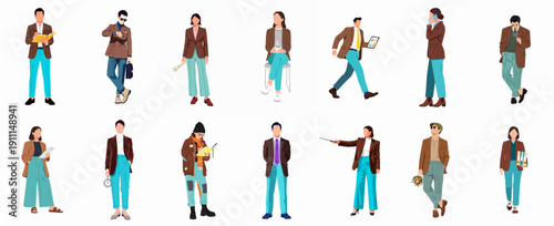 Diverse collection of stylish flat vector business characters wearing brown jackets and vibrant blue pants, illustrating various professional roles.