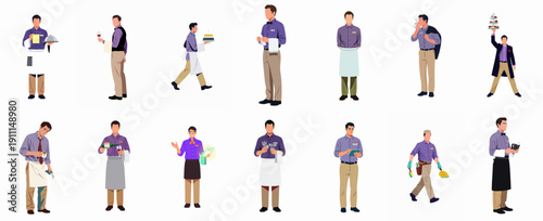 A collection of illustrated male service staff characters in various poses and uniforms, performing tasks like serving food, pouring wine, taking orders, and cleaning.