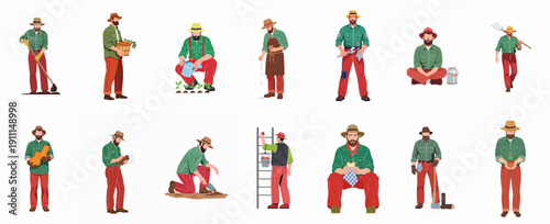 Diverse set of farmer and agricultural worker illustrations performing various tasks like planting, harvesting, maintenance, and taking breaks.