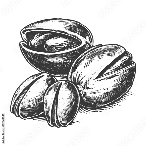 Black and white illustration of several shelled pistachios on white