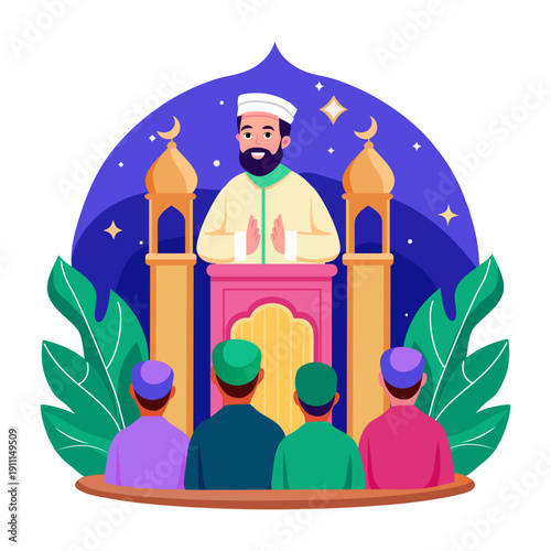 Flat illustration of a character giving an islamic sermon
