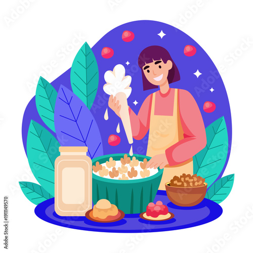 Flat illustration showing a woman adding cream frosting on dessert