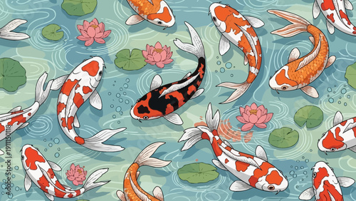 Colorful koi fish swimming amongst lotus flowers illustration