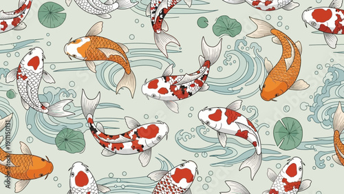Colorful koi fish swimming amongst waves and water lilies pattern