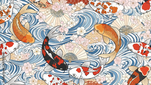 Colorful koi fish swimming amongst waves and decorative fans