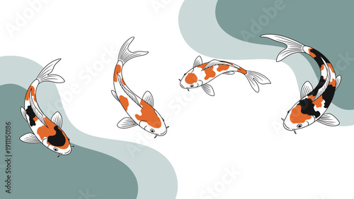 Colorful koi fish swimming in abstract composition vector illustration