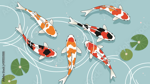 Colorful koi fish swimming in a pond with water lily pads illustration