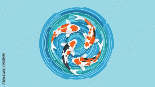 Colorful koi fish swimming in circle within a pond decorative illustration