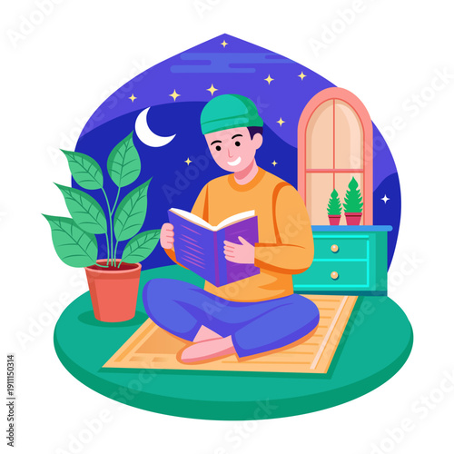 A person reading a holy book illustration designed in flat style