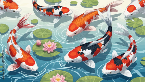 Colorful koi fish swimming in pond with lily pads artistic illustration