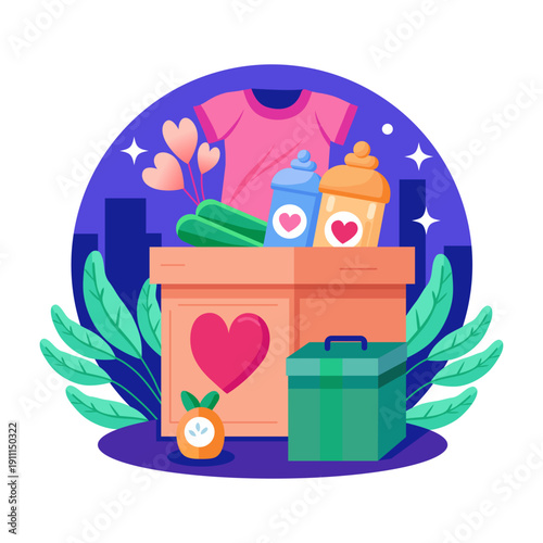 A flat style illustration showing a donation box