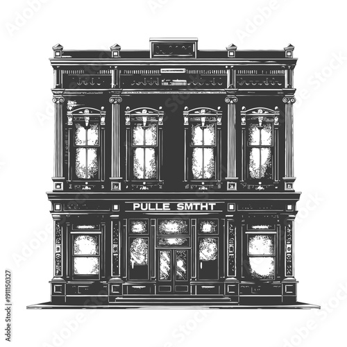 Detailed two story classical building architecture drawn with black ink