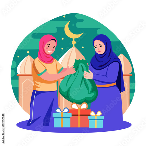 Flat illustration showing a character donating clothes