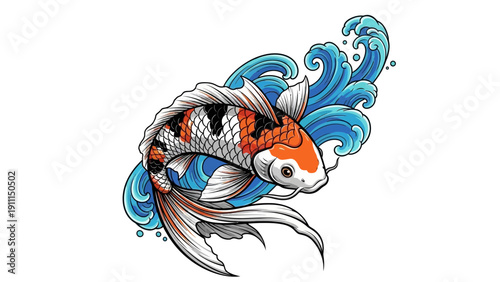 Colorful koi fish with wave element illustration on white background