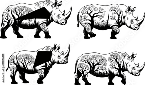 Black and white rhinoceros silhouette with double exposure tree landscape and forest nature elements on white background for safari animal wildlife conservation art concept