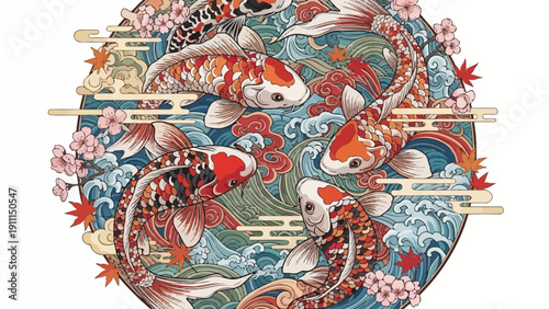 Decorative illustration of koi fish swimming in a circular aquatic design